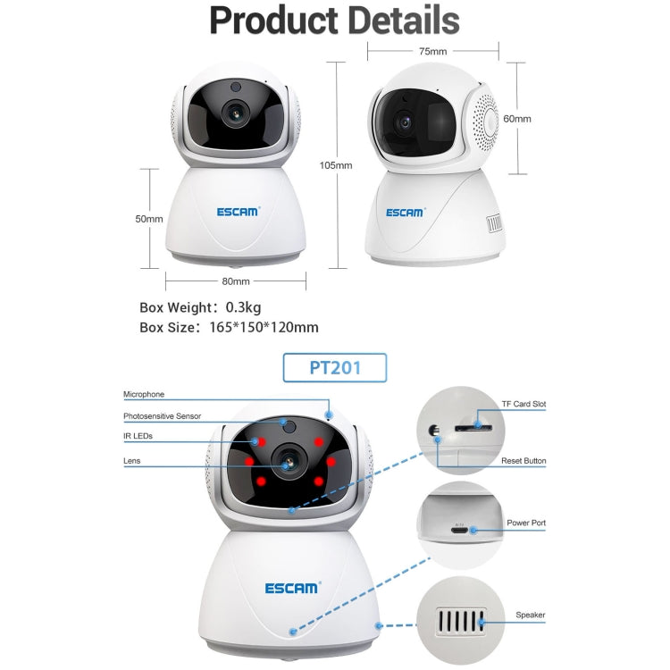 ESCAM PT201 HD 1080P Dual-band WiFi IP Camera, Support Night Vision / Motion Detection / Auto Tracking / TF Card / Two-way Audio, EU Plug, PT201 ESCAM PT201 HD 1080P Dual-band WiFi IP Camera, Support Night Vision / Motion Detection / Auto Tracking / TF Card / Two-way Audio, EU Plug, PT201